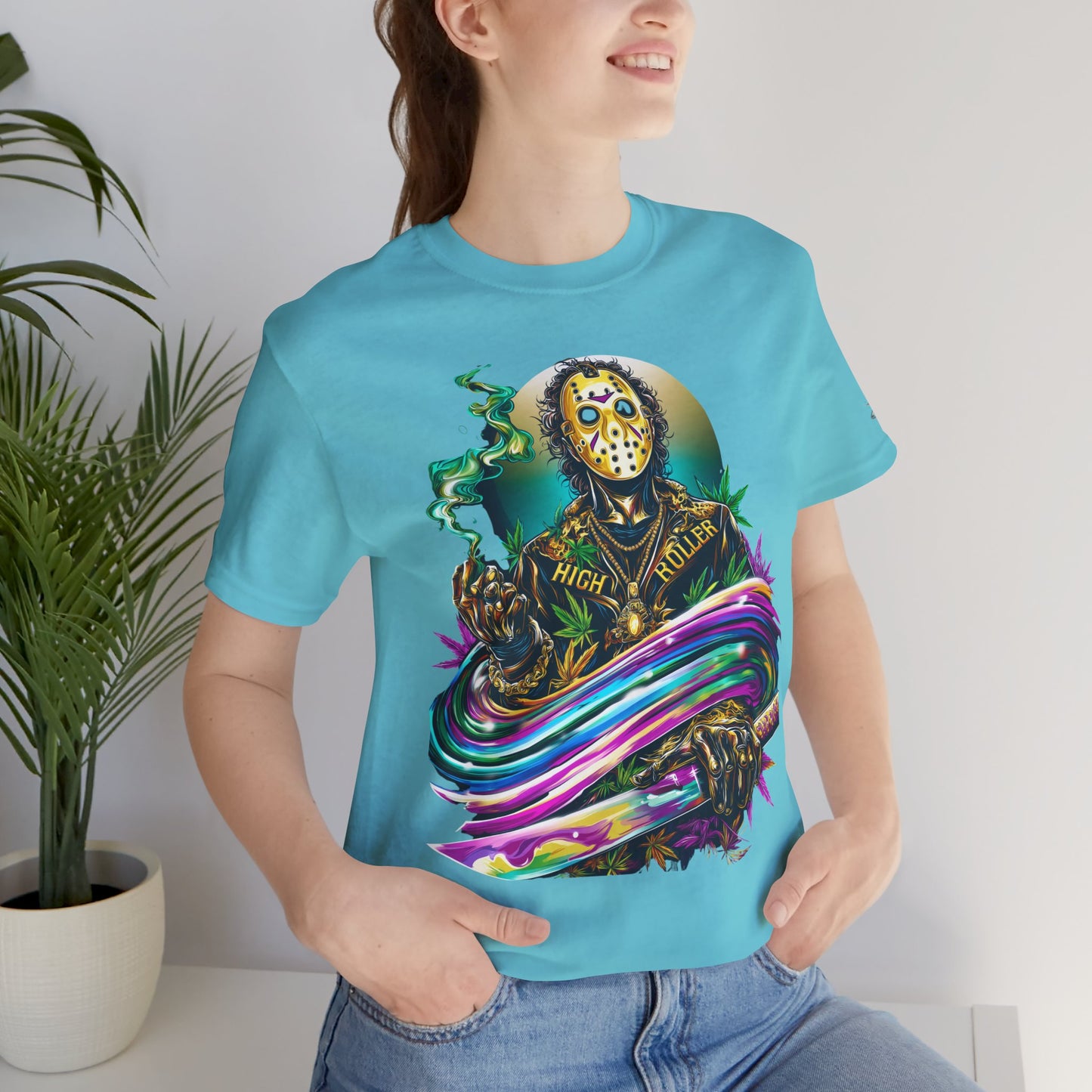 Psychedelic Jason Swoosh Cannabis T-Shirt - Premium Horror 420 Orange Edition Apparel