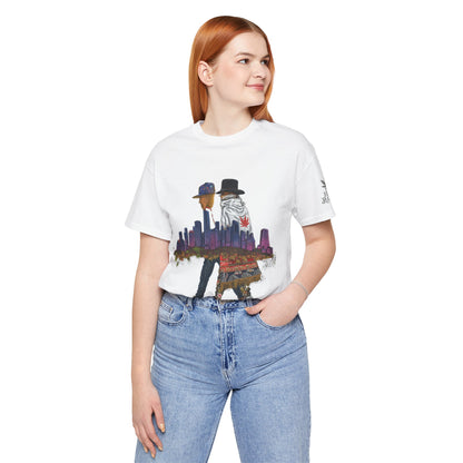 High Roller Urban Legends Cannabis T-Shirt - Premium 420 City Skyline Street Culture Double Exposure Apparel