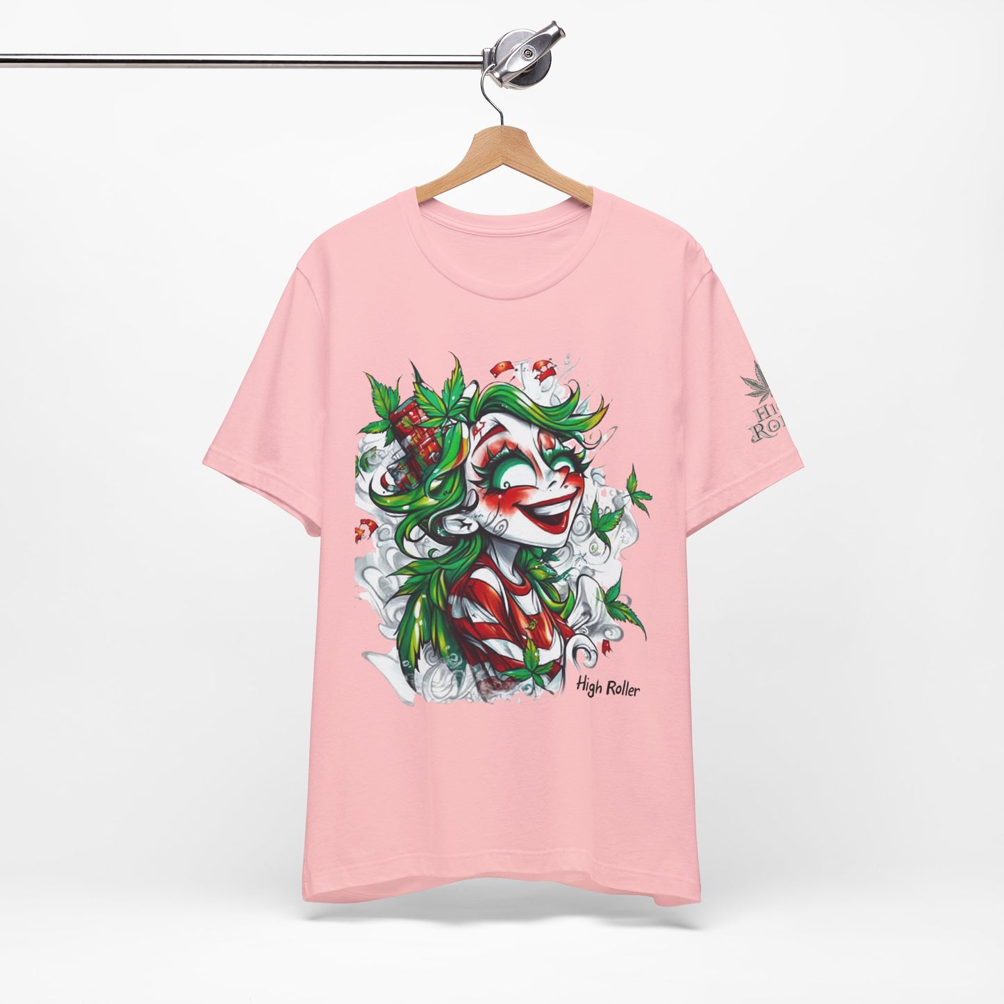 High Roller Jester Queen Cannabis T-Shirt - Premium 420 Harlequin Beauty Holiday Celebration Apparel