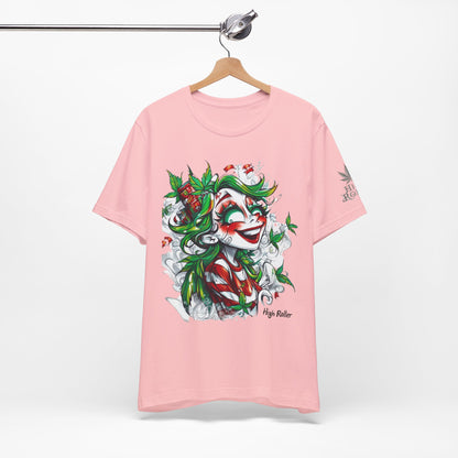 High Roller Jester Queen Cannabis T-Shirt - Premium 420 Harlequin Beauty Holiday Celebration Apparel