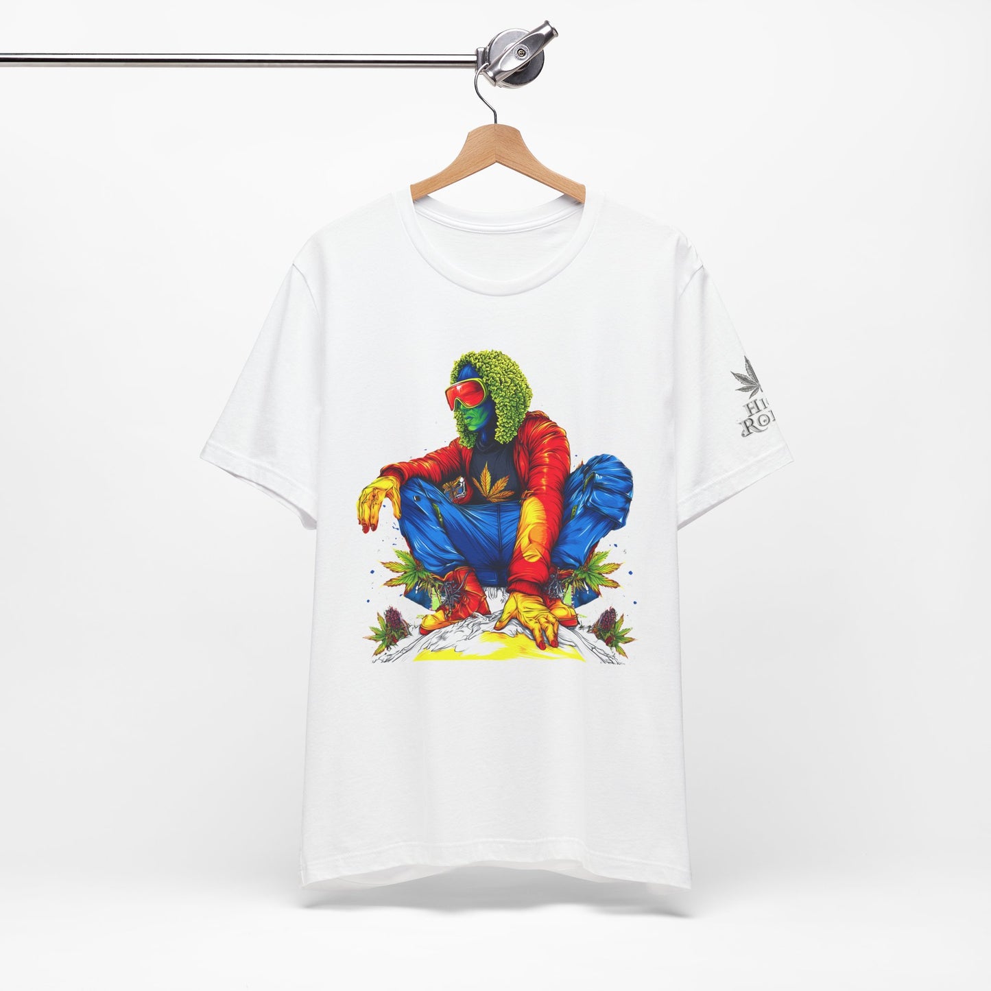 Psychedelic Chill Premium Cannabis Culture T-Shirt - Vibrant Street Art With Rainbow Color Explosion And Meditative Pose