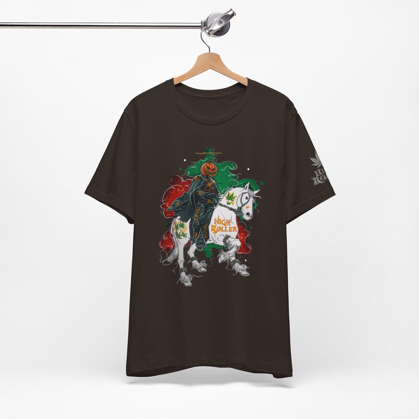 Headless Horseman HIGH ROLLER Halloween Cannabis T-Shirt - Premium Pumpkin Rider Skeletal Steed 420 Apparel