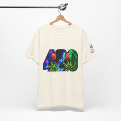 420 Cosmic Connection Premium Cannabis Culture T-Shirt - Bold Typography With Celestial Profiles And Luminous Cannabis Leaf Design