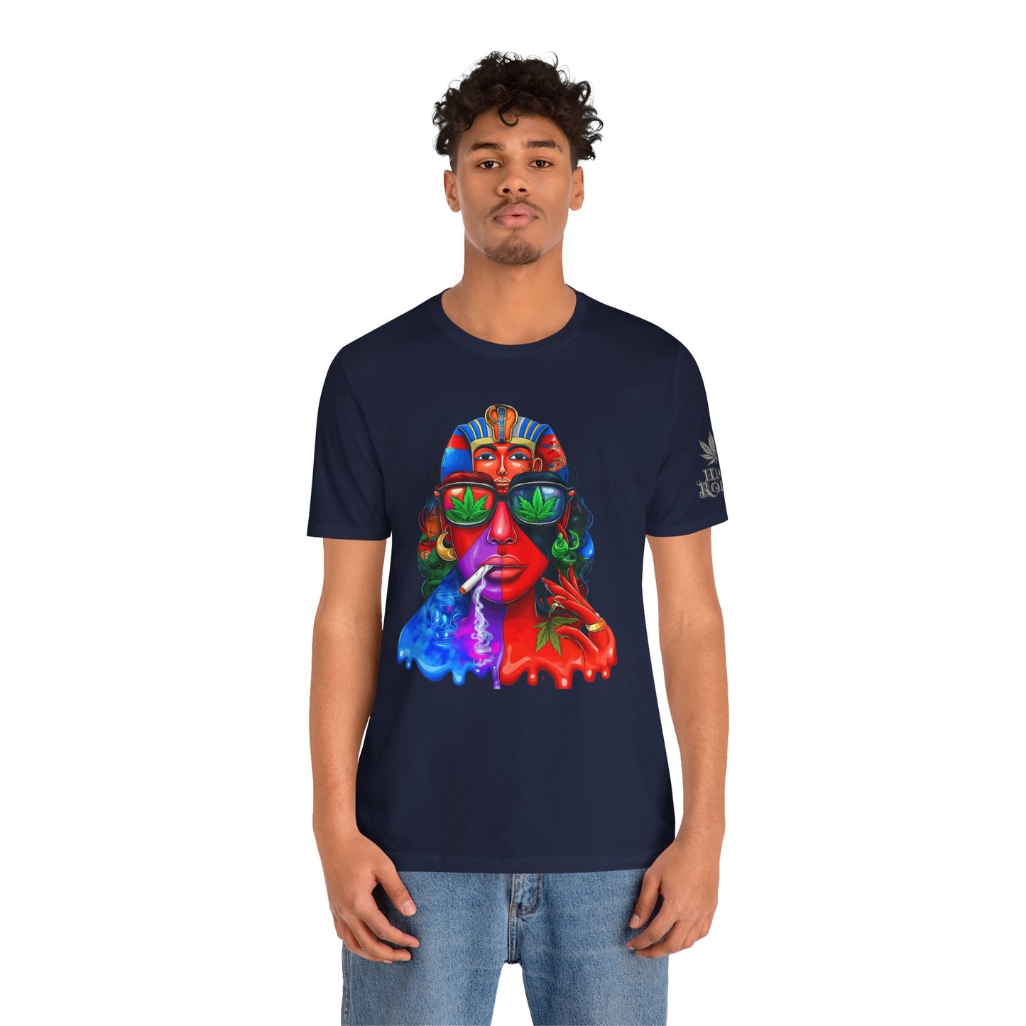 Pharaoh Vision Premium Cannabis Culture T-Shirt - Ancient Egyptian Royalty With Modern Cannabis Celebration And Psychedelic Split-Face Art