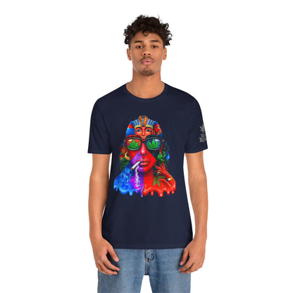 Pharaoh Vision Premium Cannabis Culture T-Shirt - Ancient Egyptian Royalty With Modern Cannabis Celebration And Psychedelic Split-Face Art