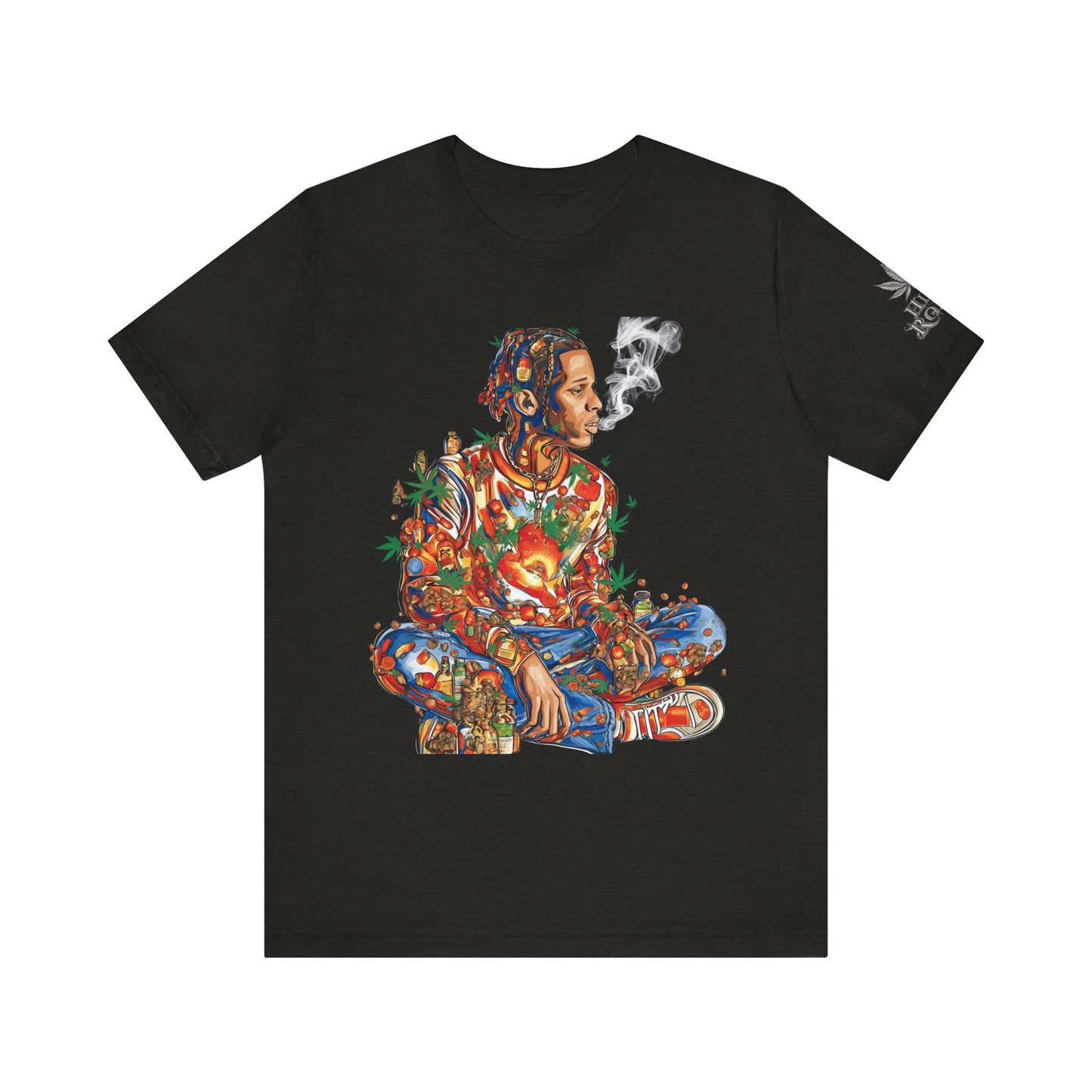 High Roller Meditation Mosaic Cannabis T-Shirt - Premium 420 Hip-Hop Zen Cross-Legged Street Culture Artistic Collage Apparel
