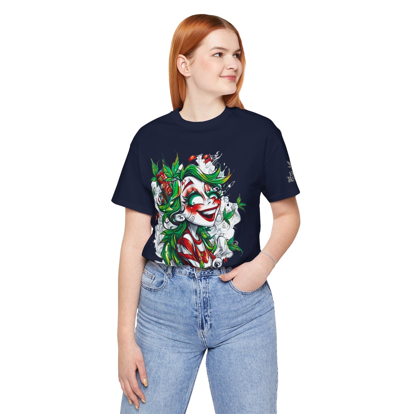 High Roller Jester Queen Cannabis T-Shirt - Premium 420 Harlequin Beauty Holiday Celebration Apparel