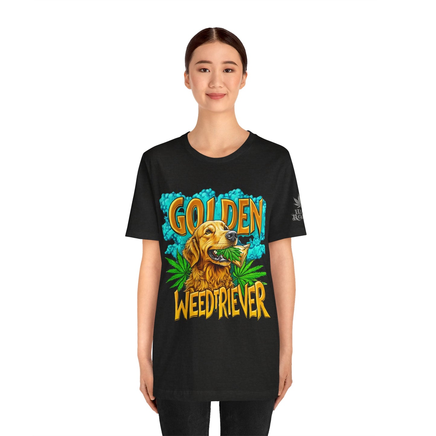 High Roller Golden Weedtriever Cannabis T-Shirt - Premium 420 Dog Lover Humor Golden Retriever Pun Comedy Pet Culture Apparel