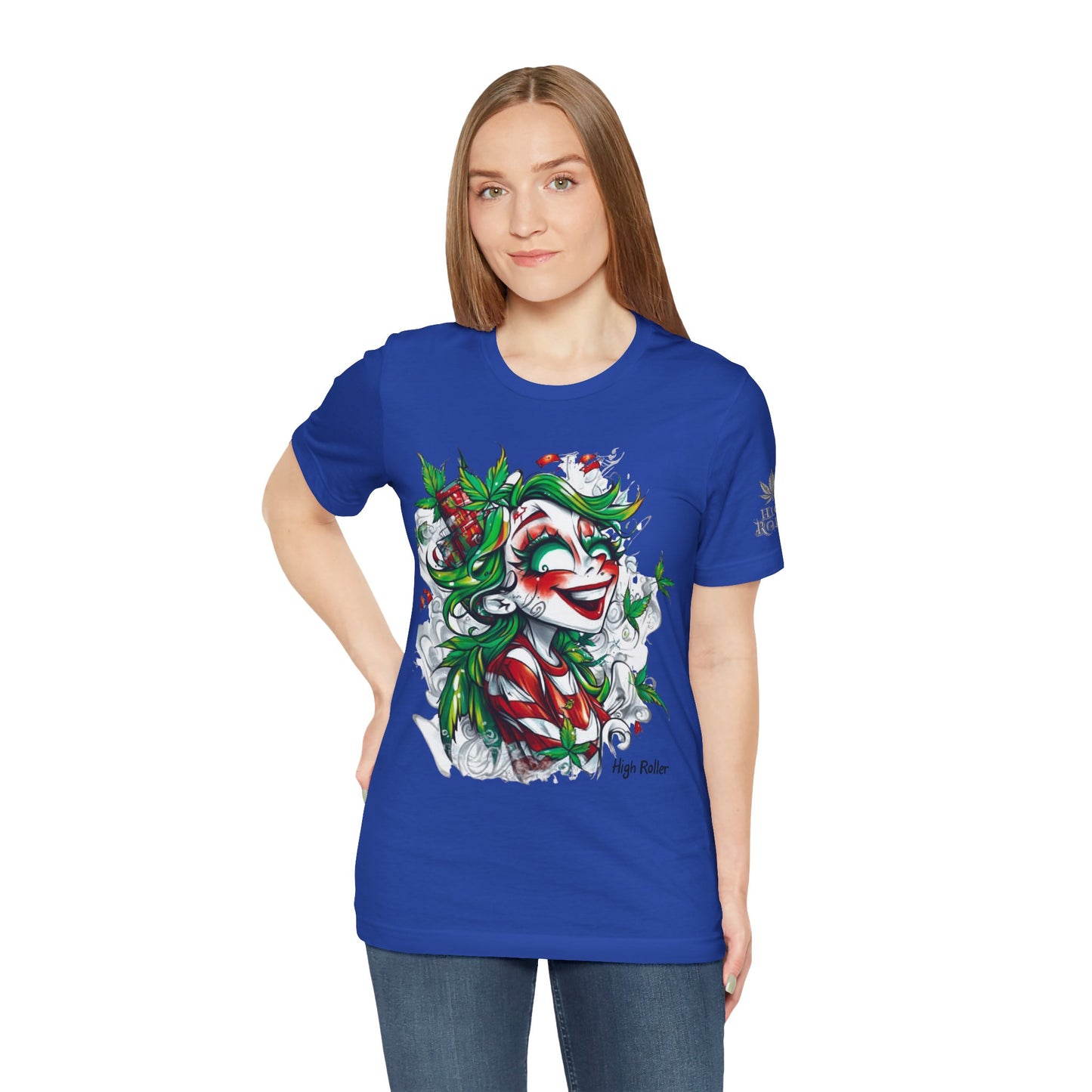High Roller Jester Queen Cannabis T-Shirt - Premium 420 Harlequin Beauty Holiday Celebration Apparel