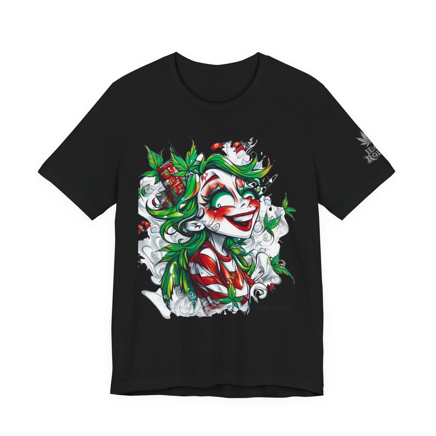 High Roller Jester Queen Cannabis T-Shirt - Premium 420 Harlequin Beauty Holiday Celebration Apparel