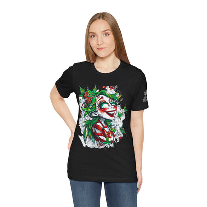 High Roller Jester Queen Cannabis T-Shirt - Premium 420 Harlequin Beauty Holiday Celebration Apparel
