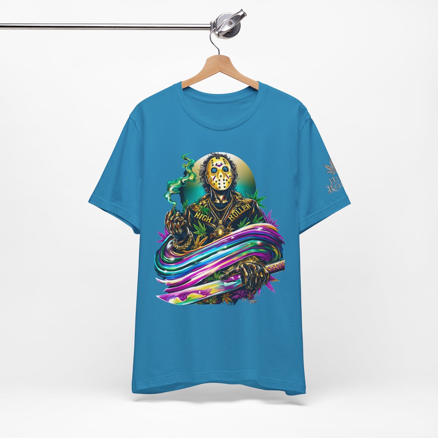 Psychedelic Jason Swoosh Cannabis T-Shirt - Premium Horror 420 Orange Edition Apparel