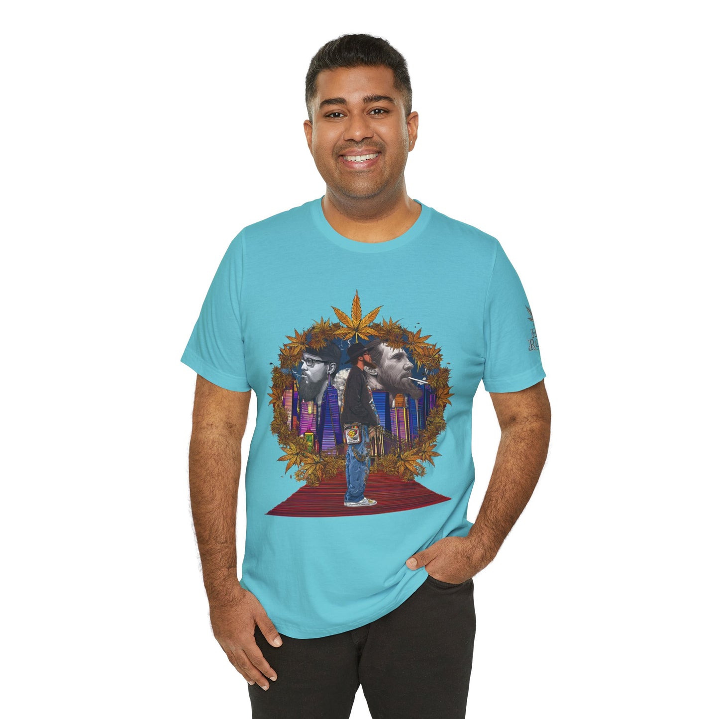 Red Carpet Royalty Premium Cannabis Culture T-Shirt - Hip-Hop Legends Tribute With Golden Cannabis Wreath And City Skyline