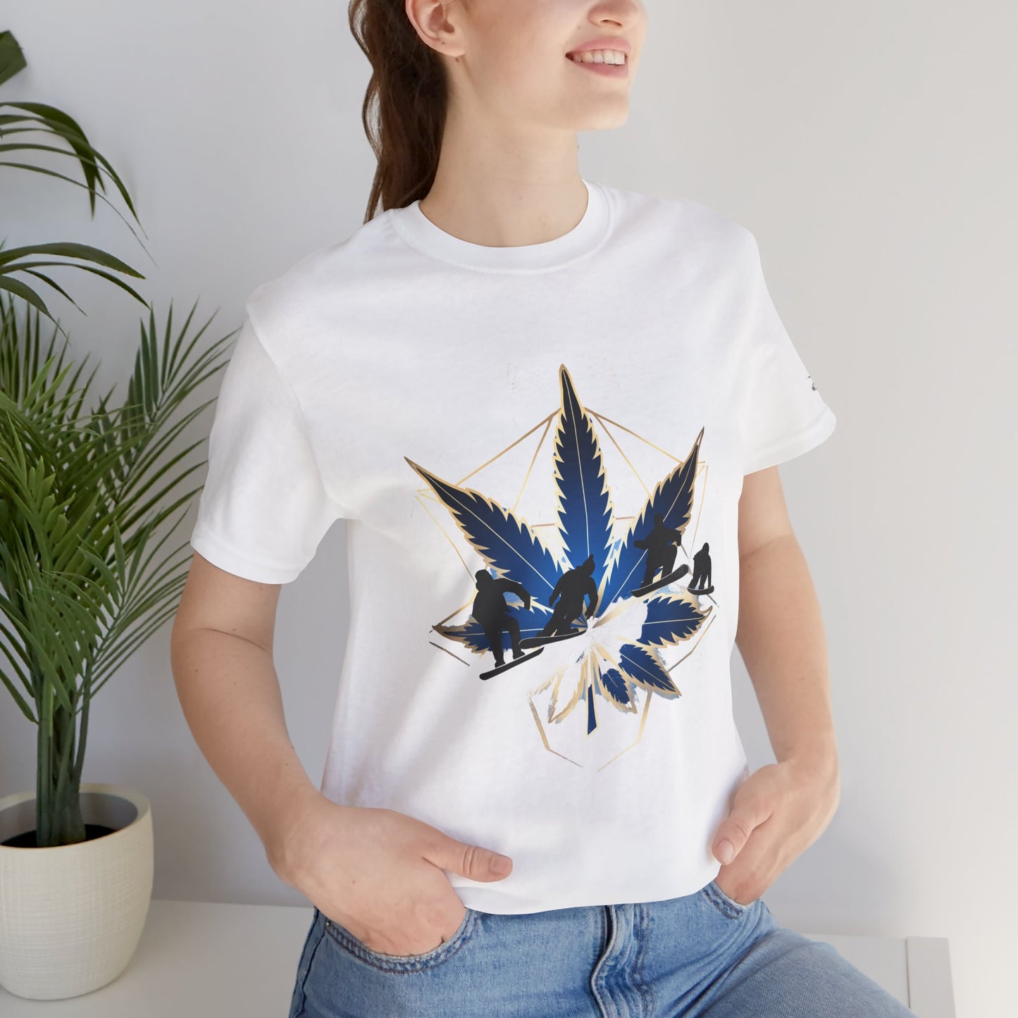 Sacred Geometry Snowboard Premium Cannabis Culture T-Shirt - Emerald Green Tee With Action Sports And Crystalline Cannabis Geometric Mandala