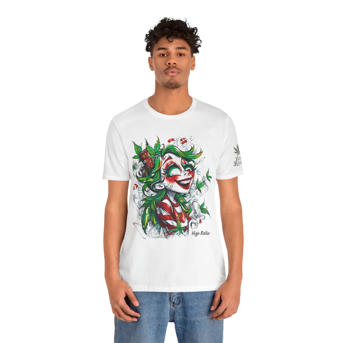 High Roller Jester Queen Cannabis T-Shirt - Premium 420 Harlequin Beauty Holiday Celebration Apparel