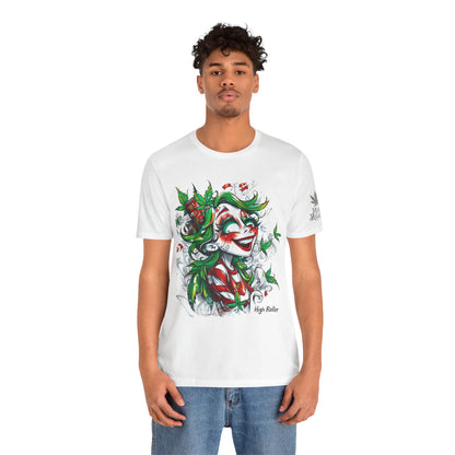 High Roller Jester Queen Cannabis T-Shirt - Premium 420 Harlequin Beauty Holiday Celebration Apparel