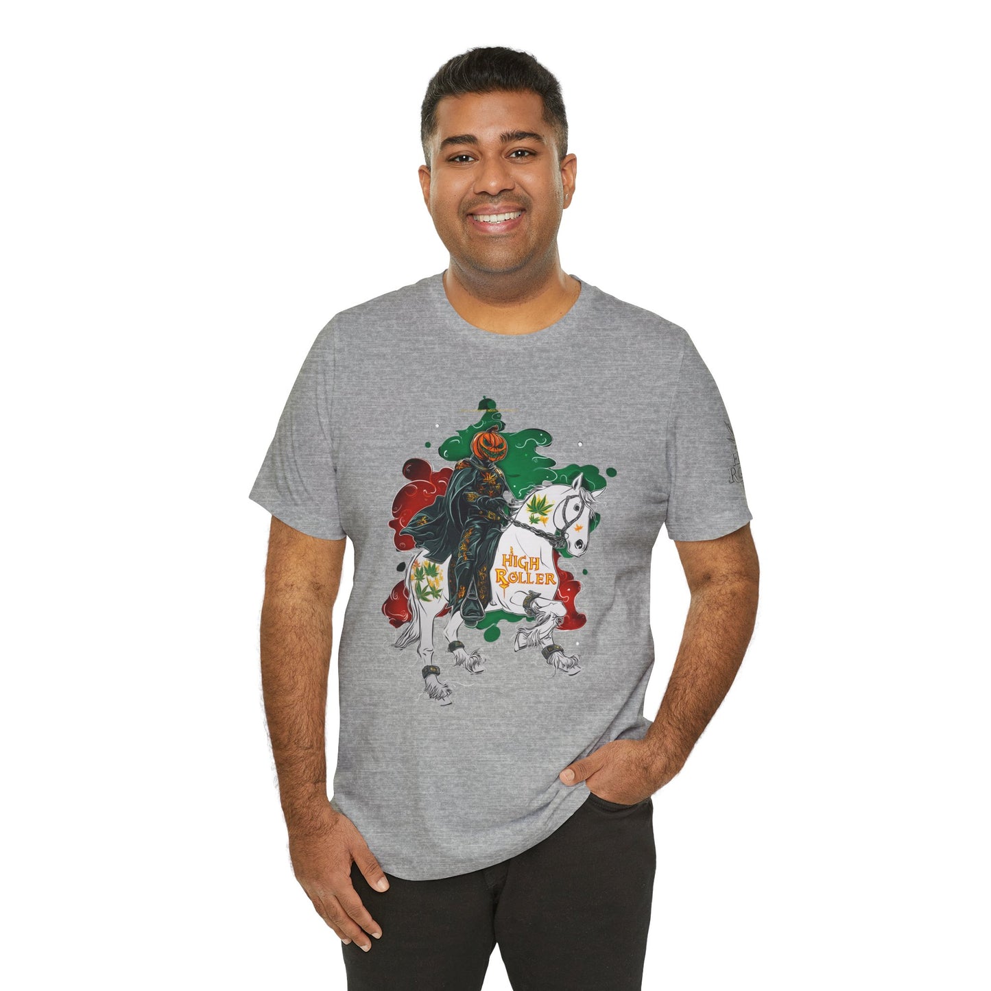 Headless Horseman HIGH ROLLER Halloween Cannabis T-Shirt - Premium Pumpkin Rider Skeletal Steed 420 Apparel