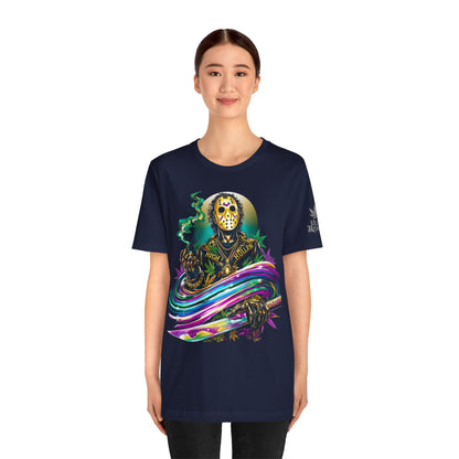 Psychedelic Jason Swoosh Cannabis T-Shirt - Premium Horror 420 Orange Edition Apparel