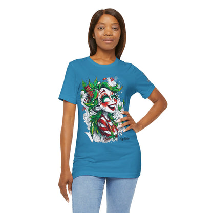 High Roller Jester Queen Cannabis T-Shirt - Premium 420 Harlequin Beauty Holiday Celebration Apparel