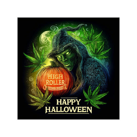 Cannabis Witch HIGH ROLLER Pumpkin Halloween Sticker - Premium Enchantress Jack-o'-Lantern 420 Vinyl Decal