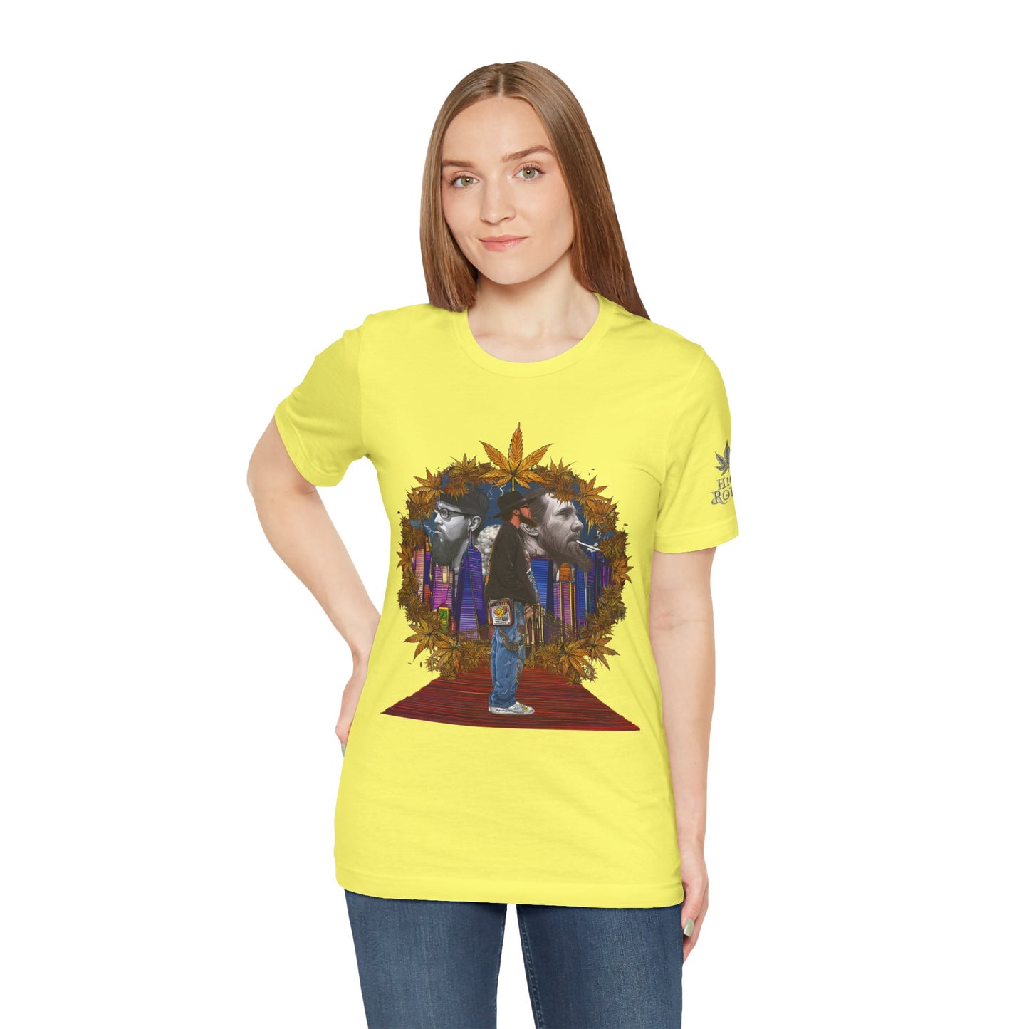 Red Carpet Royalty Premium Cannabis Culture T-Shirt - Hip-Hop Legends Tribute With Golden Cannabis Wreath And City Skyline