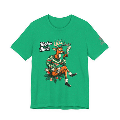 High as Buck T-Shirt - Premium Airlume Cotton Cannabis Christmas Deer Holiday Tee