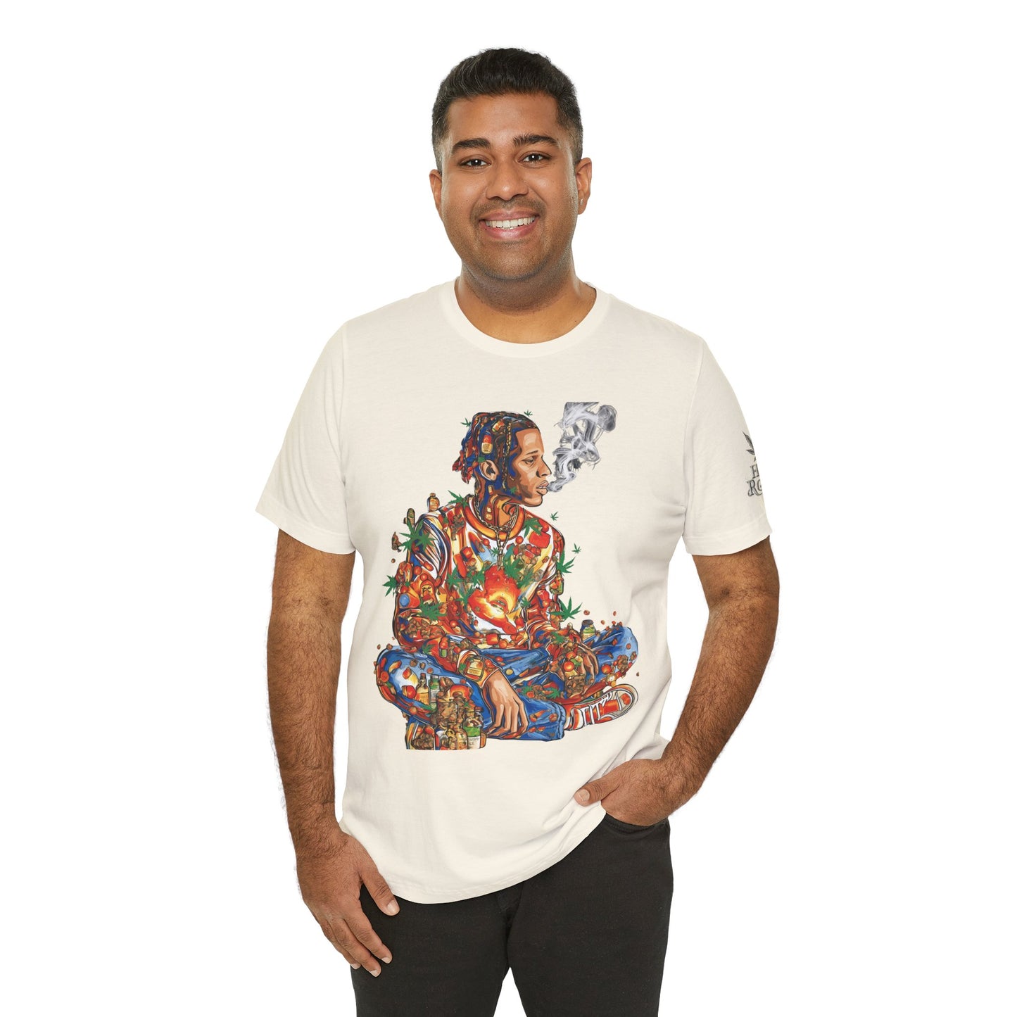 High Roller Meditation Mosaic Cannabis T-Shirt - Premium 420 Hip-Hop Zen Cross-Legged Street Culture Artistic Collage Apparel