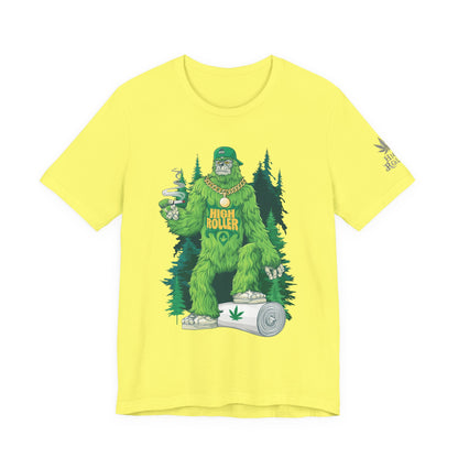 Bigfoot HIGH ROLLER Halloween Cannabis Forest T-Shirt - Premium Sasquatch Lifestyle Legend 420 Apparel