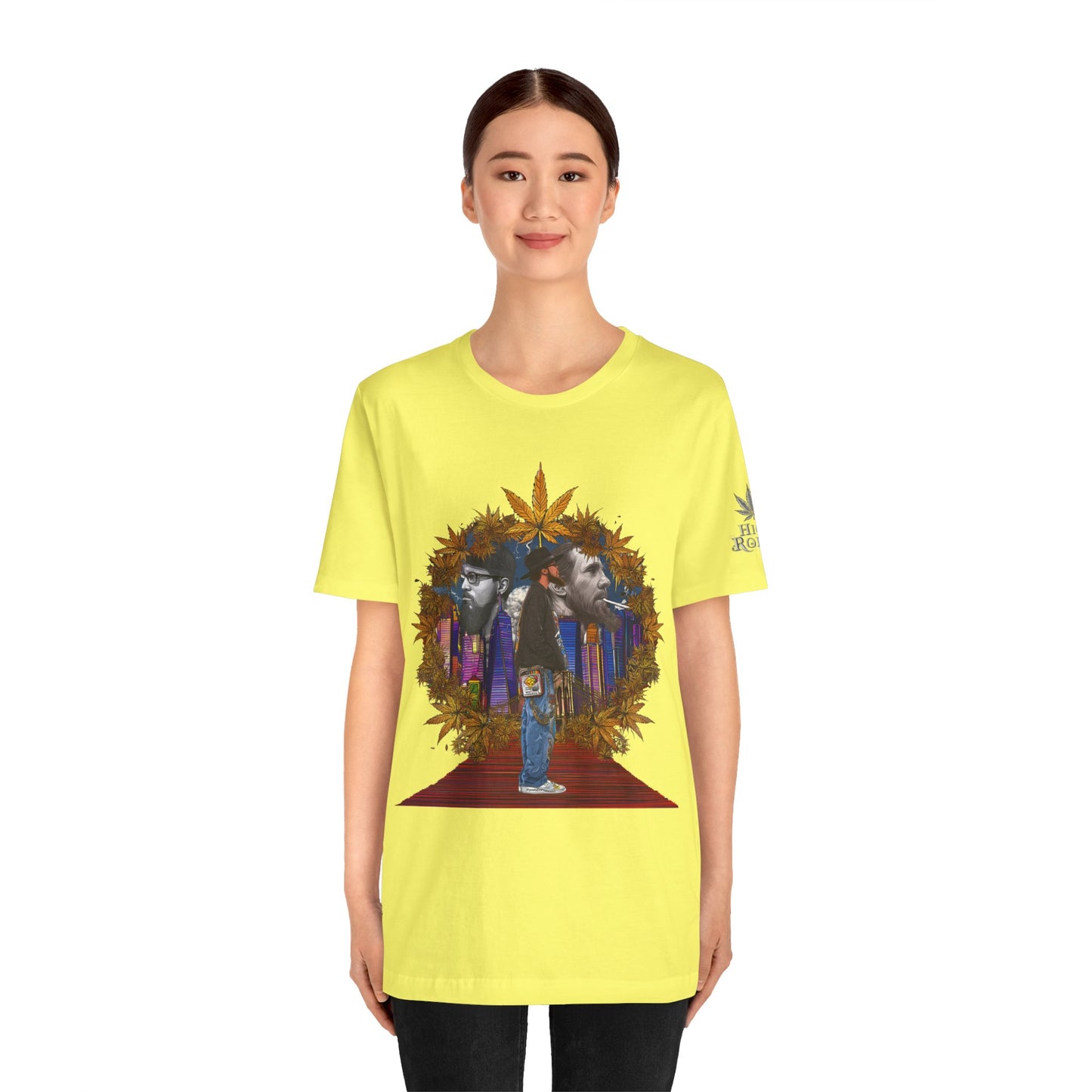 Red Carpet Royalty Premium Cannabis Culture T-Shirt - Hip-Hop Legends Tribute With Golden Cannabis Wreath And City Skyline