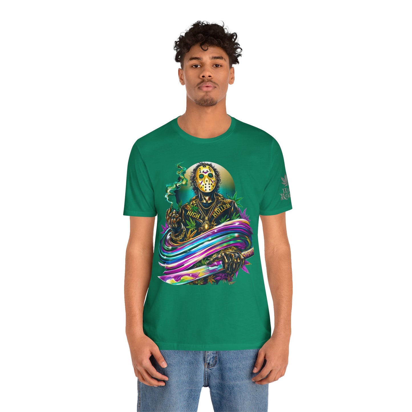 Psychedelic Jason Swoosh Cannabis T-Shirt - Premium Horror 420 Orange Edition Apparel
