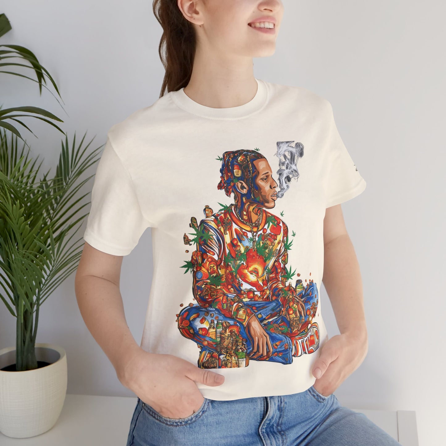 High Roller Meditation Mosaic Cannabis T-Shirt - Premium 420 Hip-Hop Zen Cross-Legged Street Culture Artistic Collage Apparel