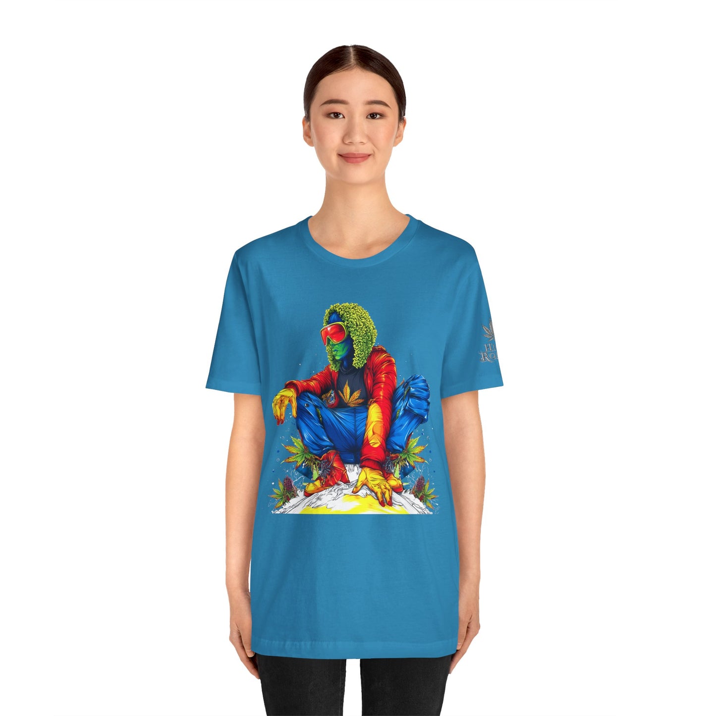 Psychedelic Chill Premium Cannabis Culture T-Shirt - Vibrant Street Art With Rainbow Color Explosion And Meditative Pose