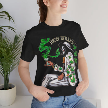 Skeletal HIGH ROLLER Halloween Cannabis Lounge T-Shirt - Premium Death's Day Off Botanical Relaxation 420 Apparel