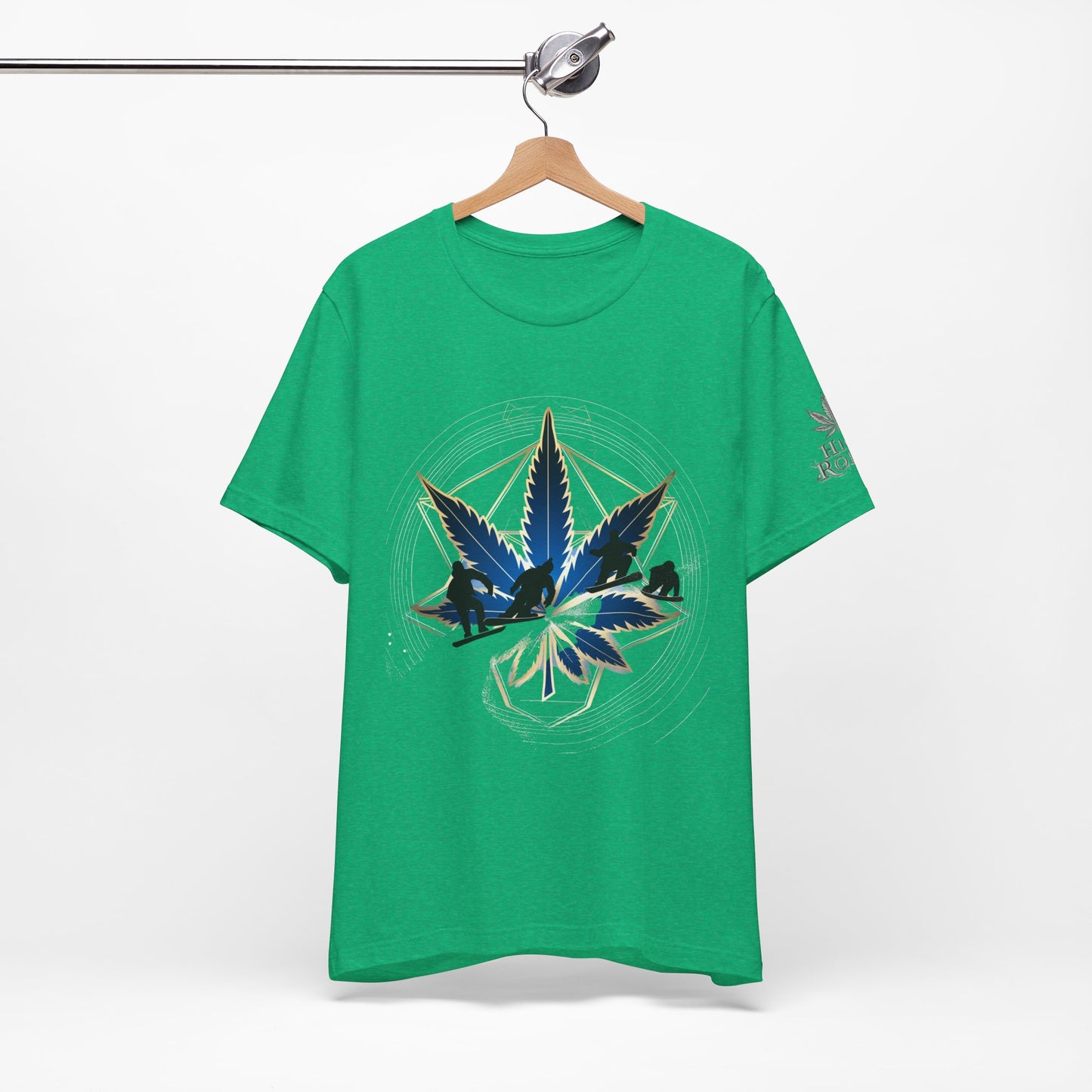 Sacred Geometry Snowboard Premium Cannabis Culture T-Shirt - Emerald Green Tee With Action Sports And Crystalline Cannabis Geometric Mandala