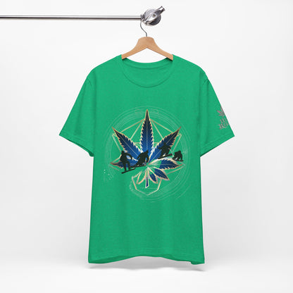 Sacred Geometry Snowboard Premium Cannabis Culture T-Shirt - Emerald Green Tee With Action Sports And Crystalline Cannabis Geometric Mandala