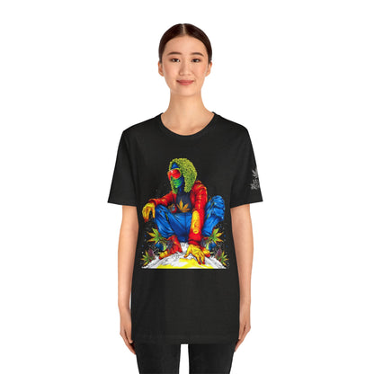 Psychedelic Chill Premium Cannabis Culture T-Shirt - Vibrant Street Art With Rainbow Color Explosion And Meditative Pose