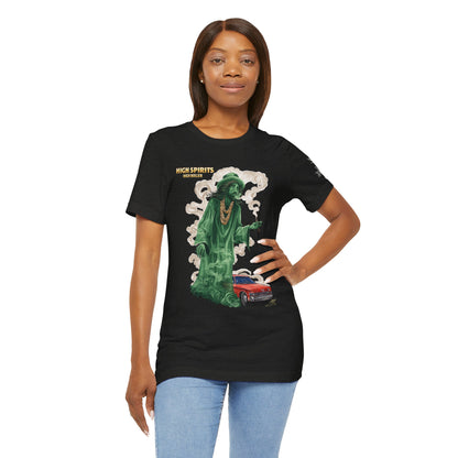 High Spirits HIGH ROLLER Halloween Cannabis Ghost T-Shirt - Premium Spectral Lowrider Phantom 420 Apparel