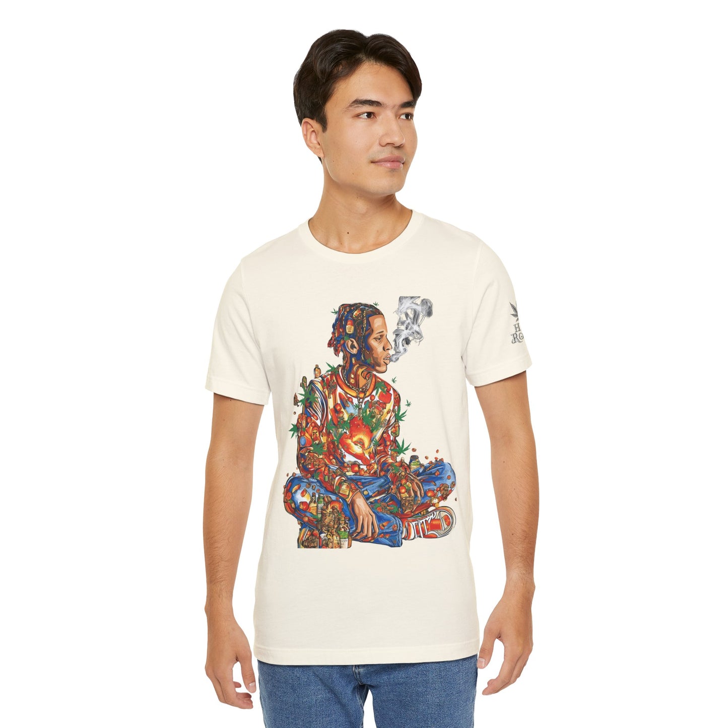 High Roller Meditation Mosaic Cannabis T-Shirt - Premium 420 Hip-Hop Zen Cross-Legged Street Culture Artistic Collage Apparel