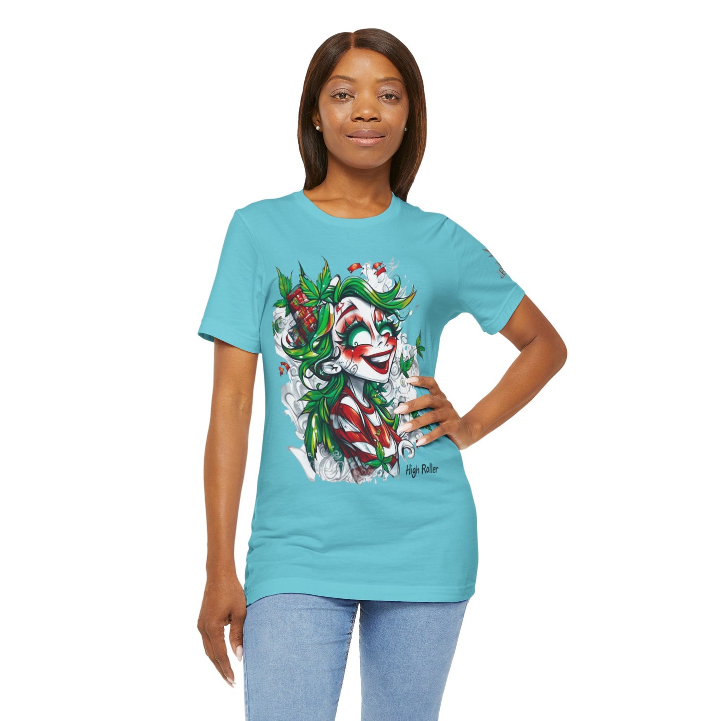 High Roller Jester Queen Cannabis T-Shirt - Premium 420 Harlequin Beauty Holiday Celebration Apparel