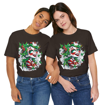 High Roller Jester Queen Cannabis T-Shirt - Premium 420 Harlequin Beauty Holiday Celebration Apparel