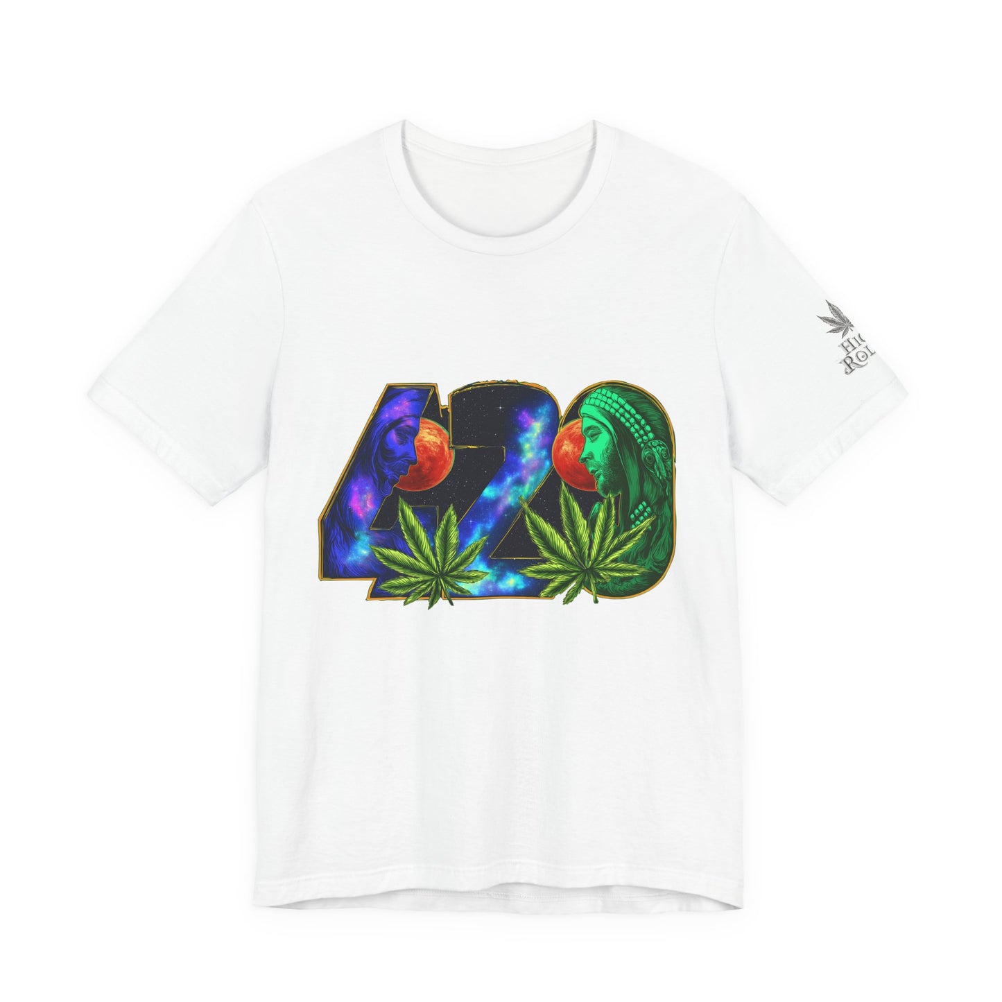 420 Cosmic Connection Premium Cannabis Culture T-Shirt - Bold Typography With Celestial Profiles And Luminous Cannabis Leaf Design
