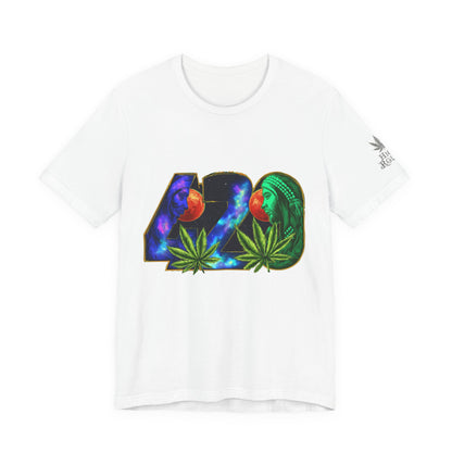 420 Cosmic Connection Premium Cannabis Culture T-Shirt - Bold Typography With Celestial Profiles And Luminous Cannabis Leaf Design