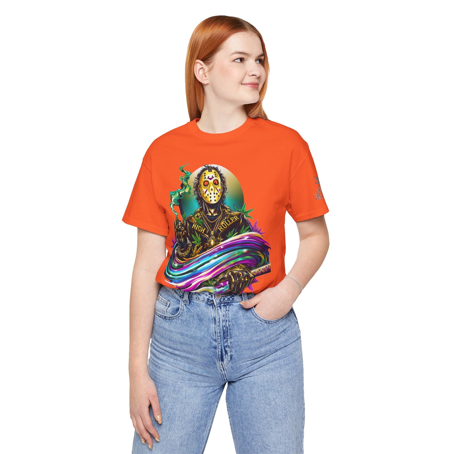 Psychedelic Jason Swoosh Cannabis T-Shirt - Premium Horror 420 Orange Edition Apparel