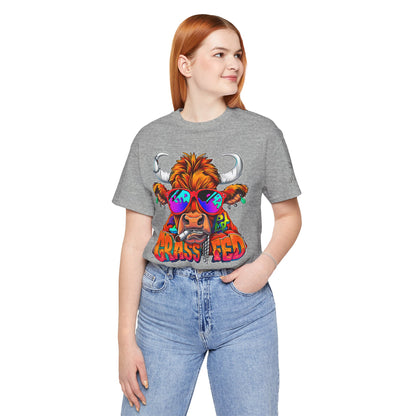 High Roller Grass Fed Cannabis T-Shirt - Premium 420 Highland Cow Humor Psychedelic Sunglasses Farm Culture Comedy Apparel