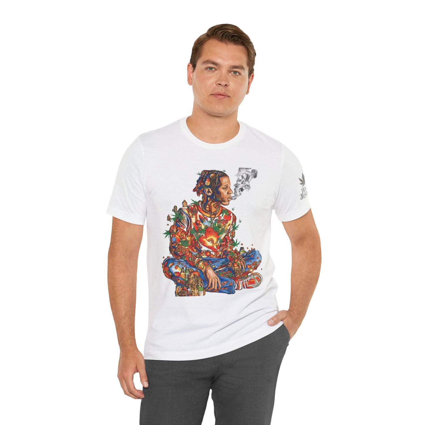 High Roller Meditation Mosaic Cannabis T-Shirt - Premium 420 Hip-Hop Zen Cross-Legged Street Culture Artistic Collage Apparel
