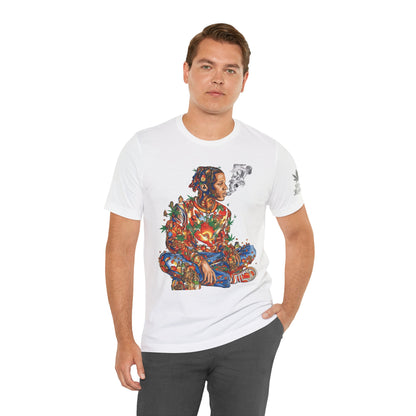 High Roller Meditation Mosaic Cannabis T-Shirt - Premium 420 Hip-Hop Zen Cross-Legged Street Culture Artistic Collage Apparel
