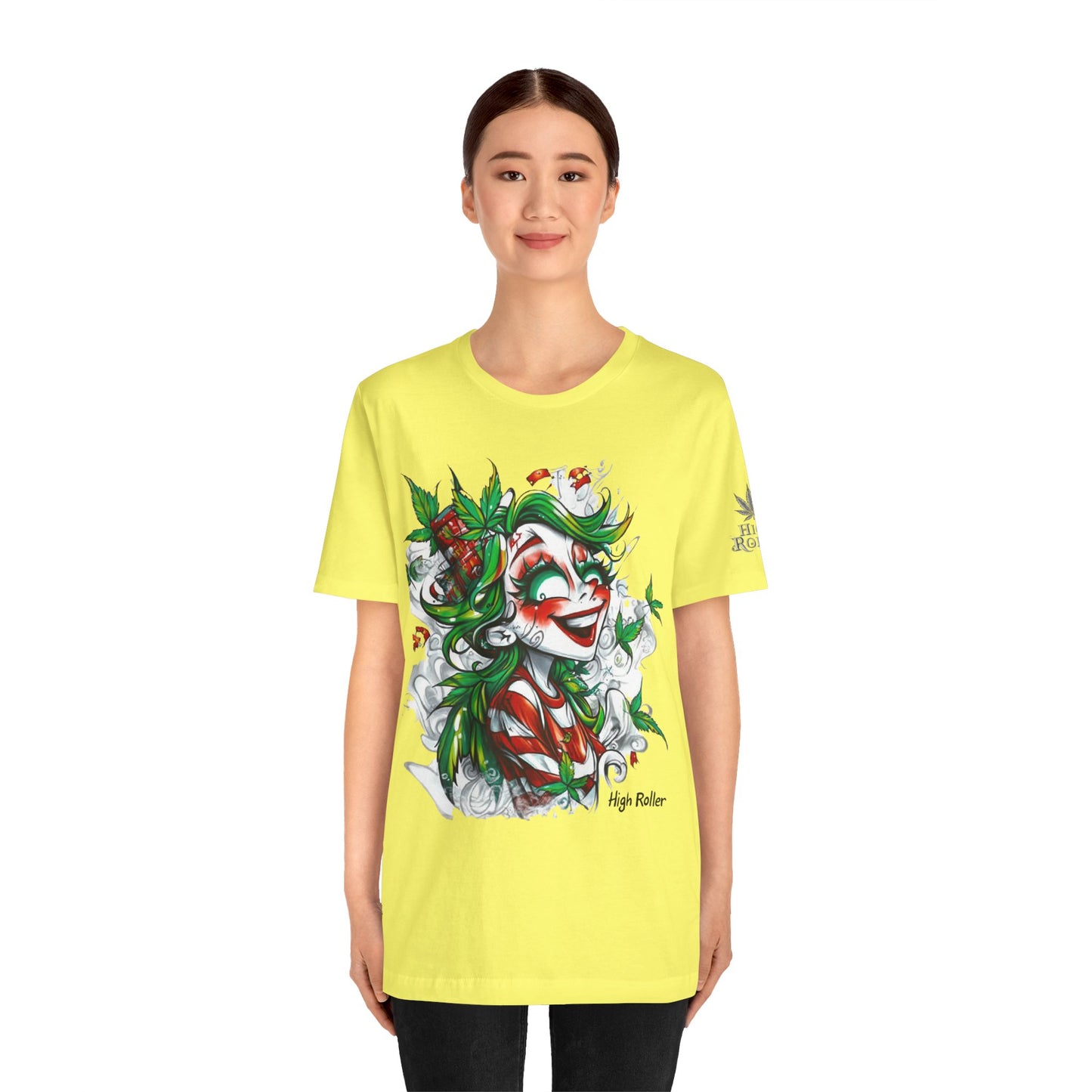 High Roller Jester Queen Cannabis T-Shirt - Premium 420 Harlequin Beauty Holiday Celebration Apparel