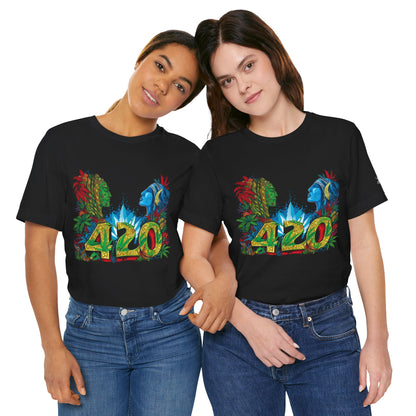 420 Celebration Premium Cannabis Culture T-Shirt - Dual Profile Art With Nature Elements And Bold 420 Typography