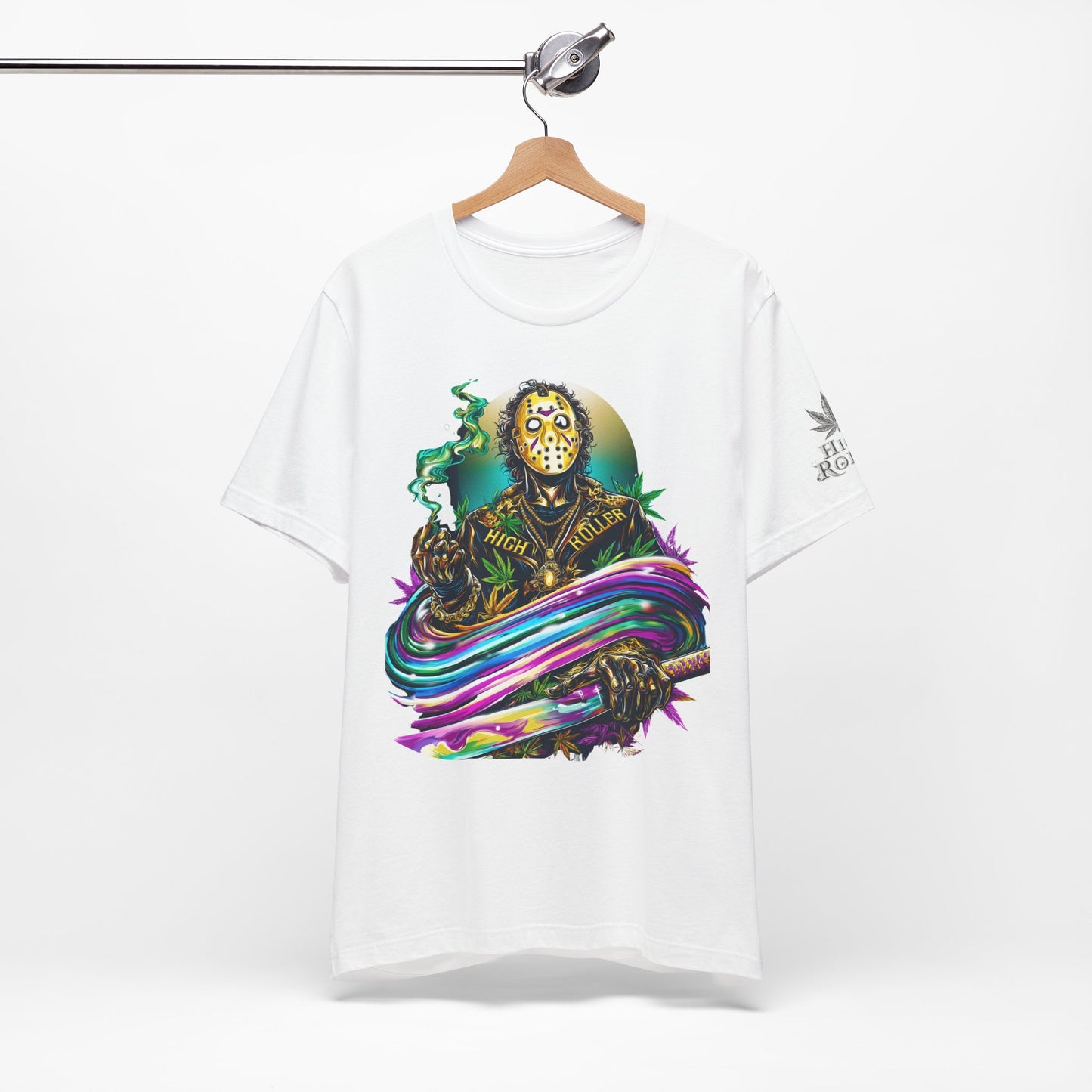 Psychedelic Jason Swoosh Cannabis T-Shirt - Premium Horror 420 Orange Edition Apparel