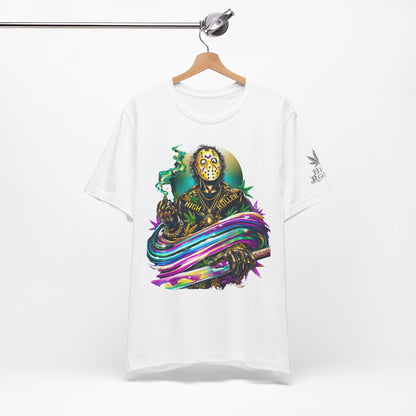 Psychedelic Jason Swoosh Cannabis T-Shirt - Premium Horror 420 Orange Edition Apparel